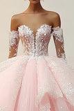 Princess Pink Ball Gown Strapless Ruffles Appliques Tulle Quinceanera Dress with Detachable Sleeves