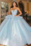 Sparkly Sky Blue Ball Gown Strapless Ruffles Tulle Quinceanera Dress with Appliques