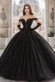 Sequin Off The Shoulder Ball Gown Black Long Quinceanera Dress