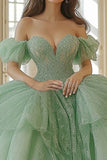 Mint Off The Shoulder Tulle Lace Appliqued Quinceanera Dress