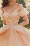 Champagne Off The Shoulder Tulle Lace Appliqued Quinceanera Dress