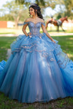 Blue Off The Shoulder Tulle Lace Appliqued Quinceanera Dress