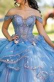 Blue Off The Shoulder Tulle Lace Appliqued Quinceanera Dress