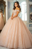 Glitter Ball Gown Champagne Off The Shoulder Lace Appliqued Quinceanera Dress