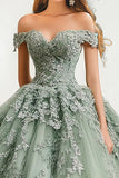 Dusty Sage Ball Gown Off The Shoulder Tulle Appliqued Quinceanera Dress