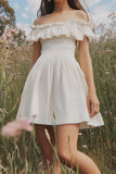 Off the Shoulder White Cotton A Line Short Graduation Dress