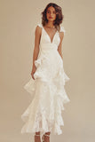 White V-neck A-Line Chiffon Ankle Length Little White Dress with Ruffles