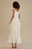 White V-neck A-Line Chiffon Ankle Length Little White Dress with Ruffles