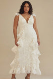 White V-neck A-Line Chiffon Ankle Length Little White Dress with Ruffles