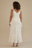 White V-neck A-Line Chiffon Ankle Length Little White Dress with Ruffles