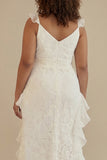White V-neck A-Line Chiffon Ankle Length Little White Dress with Ruffles