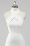 White Bodycon Halter Neck Satin Short Graduation Dress