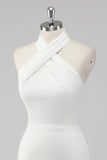 White Bodycon Halter Neck Satin Short Graduation Dress