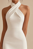 Halter Neck A-Line Satin Knee Length Little White Dress