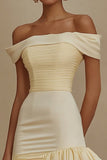 Off the Shoulder A-Line Satin Knee Length Little White Dress with Ruffles