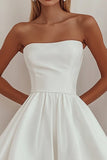 A-Line Straight Satin Knee Length Little White Dress