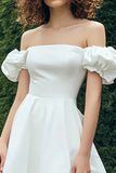 Elegant A-Line Off the Shoulder Puff Sleeves Knee Length Little White Graduation Dress