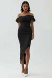White Sheath Off the Shoulder Matte Satin Asymmetrical Formal Dress