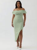 White Sheath Off the Shoulder Matte Satin Asymmetrical Formal Dress