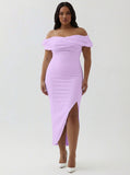 White Sheath Off the Shoulder Matte Satin Asymmetrical Formal Dress