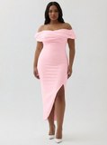 White Sheath Off the Shoulder Matte Satin Asymmetrical Formal Dress