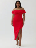 Red Sheath Off the Shoulder Matte Satin Asymmetrical Formal Dress