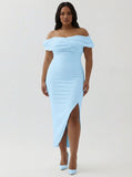 White Sheath Off the Shoulder Matte Satin Asymmetrical Formal Dress
