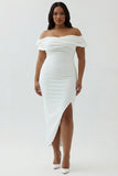 White Sheath Off the Shoulder Matte Satin Asymmetrical Formal Dress