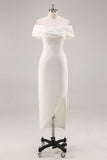 White Sheath Off the Shoulder Matte Satin Asymmetrical Formal Dress
