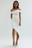 Off the Shoulder Sheath Satin Tea Length White Graduation Dress