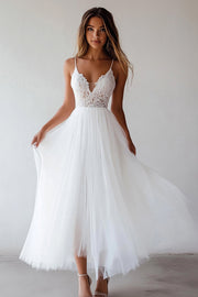 White Tulle A Line Long Graduation Dress with Lace
