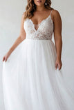 White Tulle A Line Long Graduation Dress with Lace