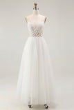 White Tulle A Line Long Graduation Dress with Lace