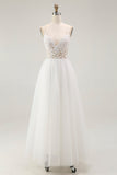 White A Line Spaghetti Straps Plus Size Tulle Engagement Dress with Lace