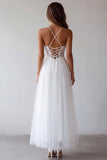White Tulle A Line Long Graduation Dress with Lace