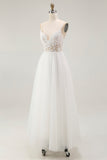 White Tulle A Line Long Graduation Dress with Lace