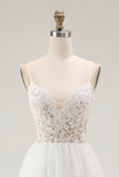 White Tulle A Line Long Graduation Dress with Lace