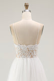 White Tulle A Line Long Graduation Dress with Lace