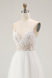 White Tulle A Line Long Graduation Dress with Lace