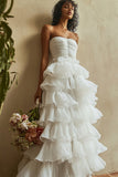 White Organza A Line Tiered Strapless Ruffled Long Graduation Dress