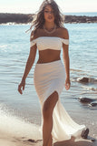 White Sheath Off The Shoulder Chiffon Graduation Dress With Slit