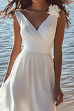 A Line V-Neck Sleeveless White Graduation Dress