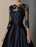 A Line Navy Lace Mother Of Bride Dress with 3/4 Sleeves