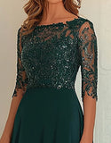 Chiffon Lace Dark Green Mother Of The Dress  with 3/4 Sleeves