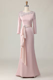 Blush Satin Round Neck Sheath Long Mother Of The Bride Dress with Sleeves