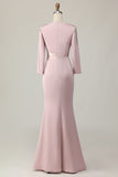 Blush Satin Round Neck Sheath Long Mother Of The Bride Dress with Sleeves