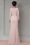 Blush Satin Round Neck Sheath Long Mother Of The Bride Dress with Sleeves