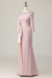 Blush Satin Round Neck Sheath Long Mother Of The Bride Dress with Sleeves