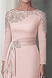 Blush Satin Round Neck Sheath Long Mother Of The Bride Dress with Sleeves