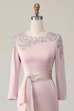 Blush Satin Round Neck Sheath Long Mother Of The Bride Dress with Sleeves